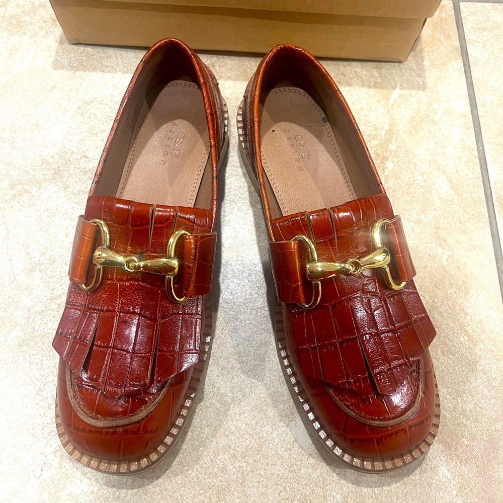 ASOS Brown Croc-Embossed Loafers with Gold Buckle